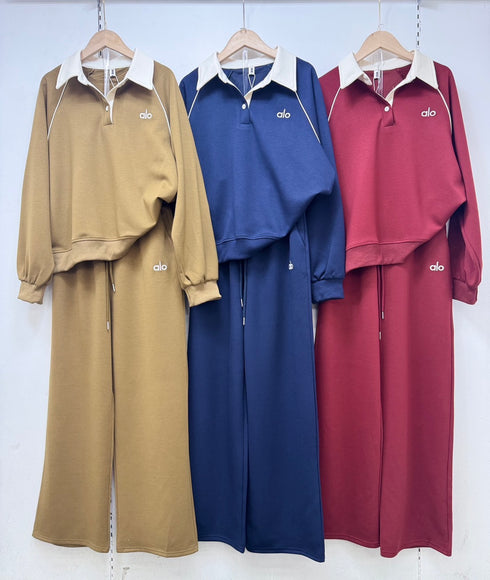 Polo Collar Down Pullover With Pant Sets